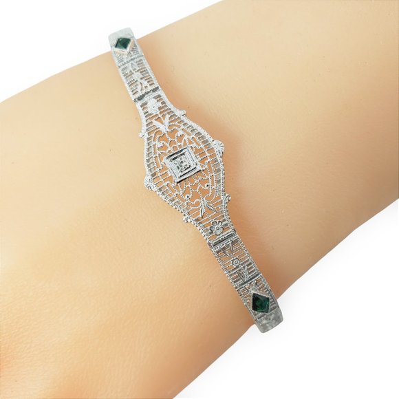 Vintage 10 Karat White Gold Filigree Diamond & Simulated Emerald Bracelet #11635 - Picture 8 of 8